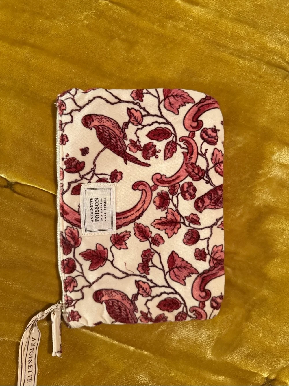 Sezane x Antoinette poisson Cream Pouch with Pink Floral & Bird Print NWOT